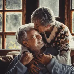 Una pareja madura se abraza tiernamente frente a una ventana. Ella le da un beso en la frente, él sonríe con ternura.