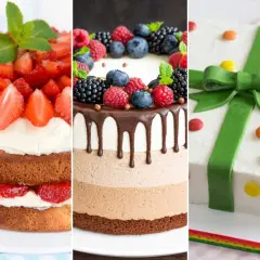 Tres sencillas tartas de cumpleaños originales para adultos: una de fresas, otra de frutos rojos y chocolate, y una tercera decorada como un regalo.