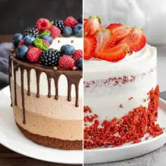 Dos tartas de cumpleaños: una de chocolate con frutos rojos y otra Red Velvet con fresas. ¡Ideas deliciosas!