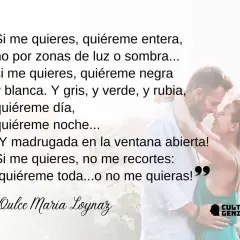 Un hombre y una mujer se abrazan tiernamente. El texto es un fragmento de poemas de amor para dedicar de Dulce María Loynaz.