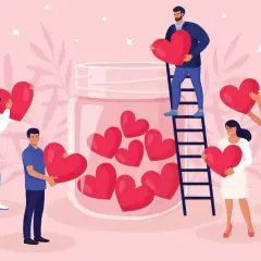 Personas recolectan corazones rojos para llenar un frasco, mostrando que es el amor.