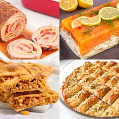 Variedad de comida para 20 personas en casa: rollo de carne, pastel de salmón, empanada y baklava.