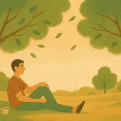 Hombre sentado bajo un árbol, taza de café al lado. El paisaje otoñal inspira reflexión y crecimiento personal.