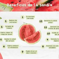 Infografía sobre las sandía propiedades: hidratación, nutrientes, licopeno, salud ocular, digestiva, piel, corazón, inflamación, cáncer, glucosa y peso.