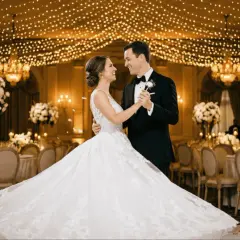 Novios bailando su vals boda bajo luces doradas. El salón está decorado con candelabros y arreglos florales.