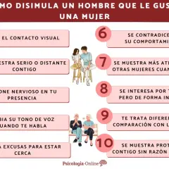 Señales de cómo disimula un hombre que le gusta una mujer: evita contacto visual, se pone nervioso, busca excusas para estar cerca, se contradice, etc.