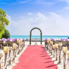 Alfombra roja y sillas decoradas con globos para una hermosa ceremonia de boda en la playa. El mar turquesa y el cielo azul crean el escenario perfecto.