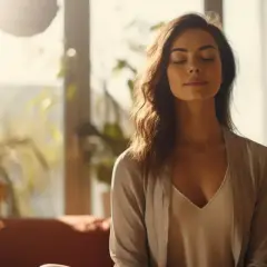 Mujer meditando en un retiro de silencio, con los ojos cerrados y rodeada de plantas.