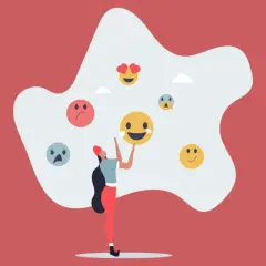 Una persona rodeada de emojis que reflejan sentimientos encontrados.