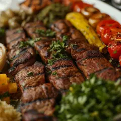 Sabrosa parrillada de carne, verduras y arroz. Un delicioso menú halal para disfrutar.
