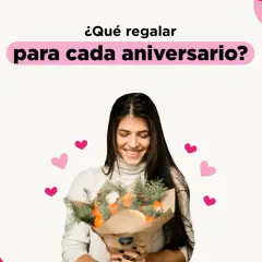 Una mujer sonríe con un ramo de naranjas y ramas de pino. El texto pregunta: "¿Qué regalar para cada aniversario?".