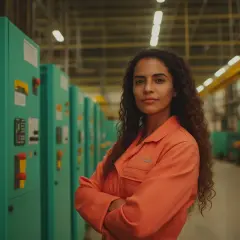 Mujer con traje naranja en fábrica, brazos cruzados, con confianza. Un ejemplo de cómo mejorar la autoestima en entornos laborales.