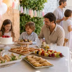 Familia celebrando con un delicioso menú para fiestas: pastel, mini pizzas, sándwiches, bocadillos y frutas.