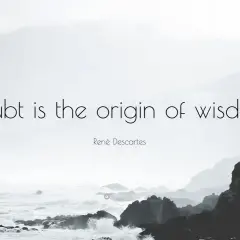 Paisaje brumoso con la frase "La duda es el origen de la sabiduría" de Descartes.