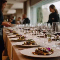 Servicio de catering: camareros preparan mesa elegante con copas de vino y platos gourmet.