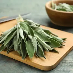 Manojo de salvia fresca sobre tabla de cortar, listo para aprovechar sus propiedades culinarias y medicinales.