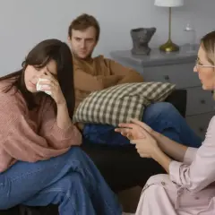Una pareja discute temas de conversación difíciles con un terapeuta. La mujer llora mientras el hombre la mira.