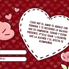 Tarjeta de San Valentín con corazones rojos y rosas. Mensaje: "Que hoy el amor te abrace con ternura... Feliz San Valentín". Ideal para frases para tu novio.