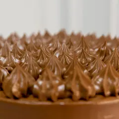 Detalle de una tarta de chocolate con glaseado cremoso, evocando deliciosos sabores de tarta.
