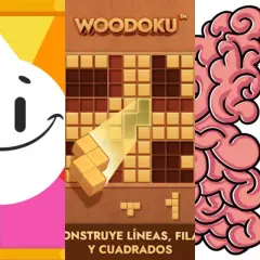 Collage de juegos mentales para adultos: un personaje sonriente, un juego de bloques tipo Tetris y un cerebro con elementos de ciencia.