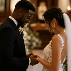 Novios tomados de la mano, intercambiando miradas llenas de versos de amor. Flores y velas iluminan su momento.