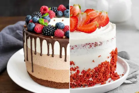 Dos tartas de cumpleaños: una de chocolate con frutos rojos y otra Red Velvet con fresas. ¡Ideas deliciosas!