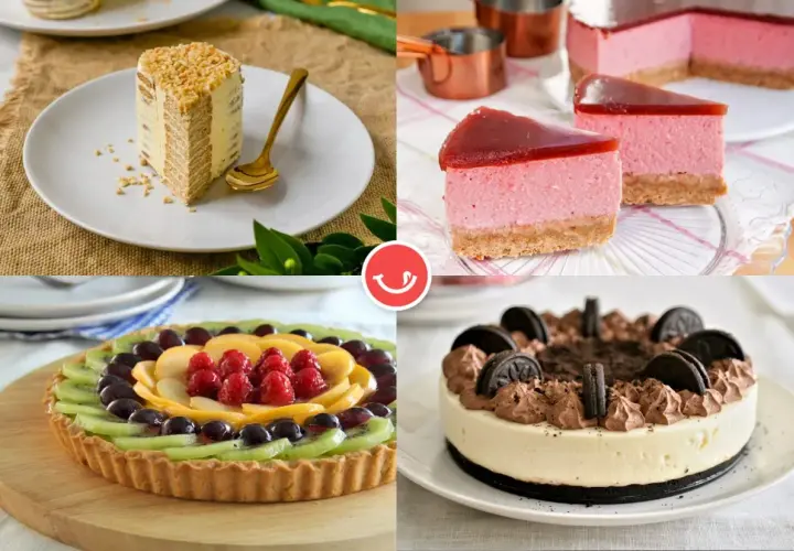 Cuatro tipos de tartas de cumpleaños: de galleta, de fresa, de frutas y de chocolate con Oreo.