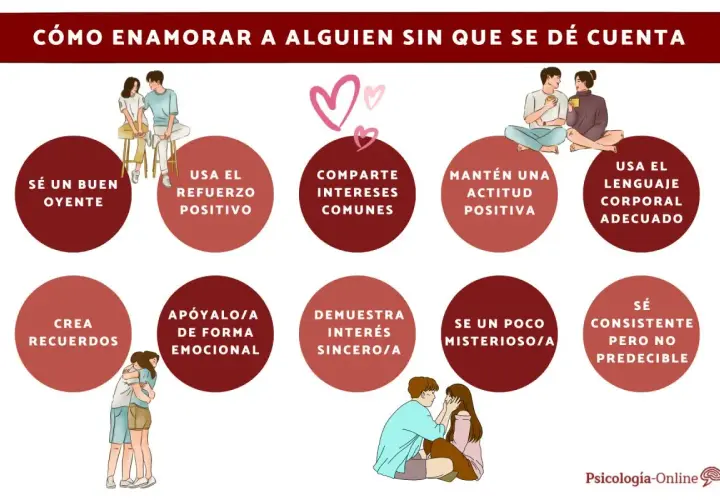 Consejos para enamorar a una mujer: sé buen oyente, usa refuerzo positivo, comparte intereses, mantén actitud positiva, usa lenguaje corporal adecuado, crea recuerdos, apoya emocionalmente, demuestra interés sincero, sé misterioso y consistente.