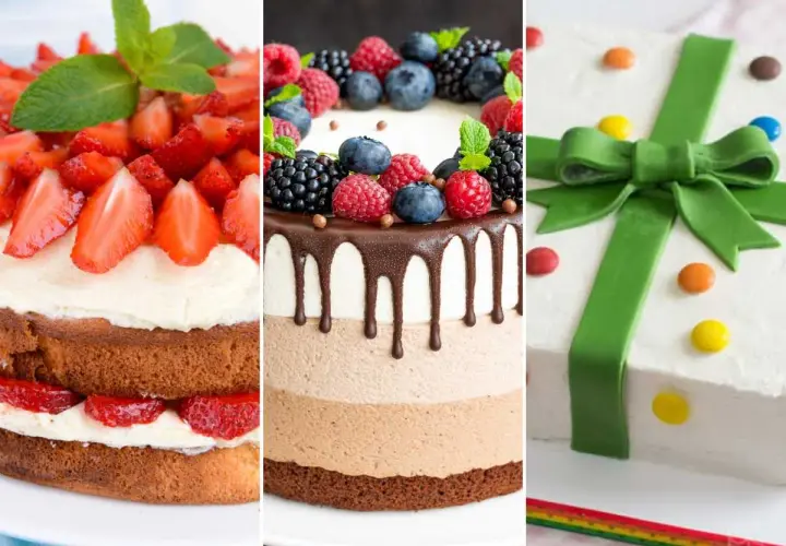 Tres sencillas tartas de cumpleaños originales para adultos: una de fresas, otra de frutos rojos y chocolate, y una tercera decorada como un regalo.
