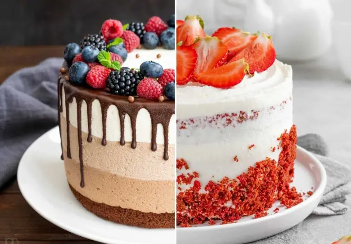 Dos tartas de cumpleaños: una de chocolate con frutos rojos y otra Red Velvet con fresas. ¡Ideas deliciosas!
