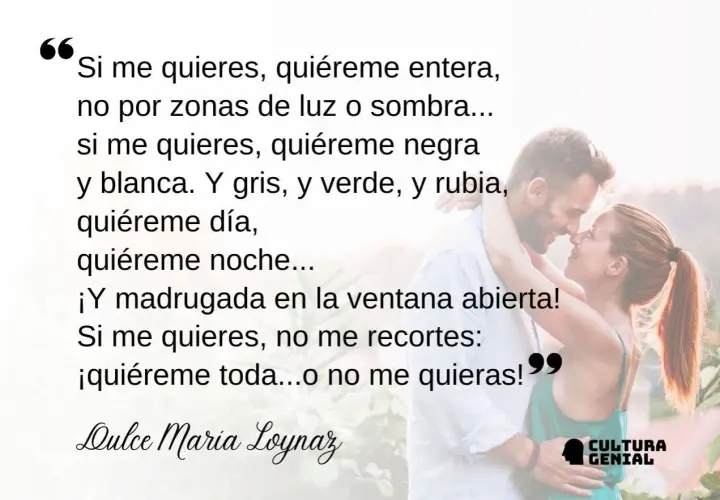 Un hombre y una mujer se abrazan tiernamente. El texto es un fragmento de poemas de amor para dedicar de Dulce María Loynaz.