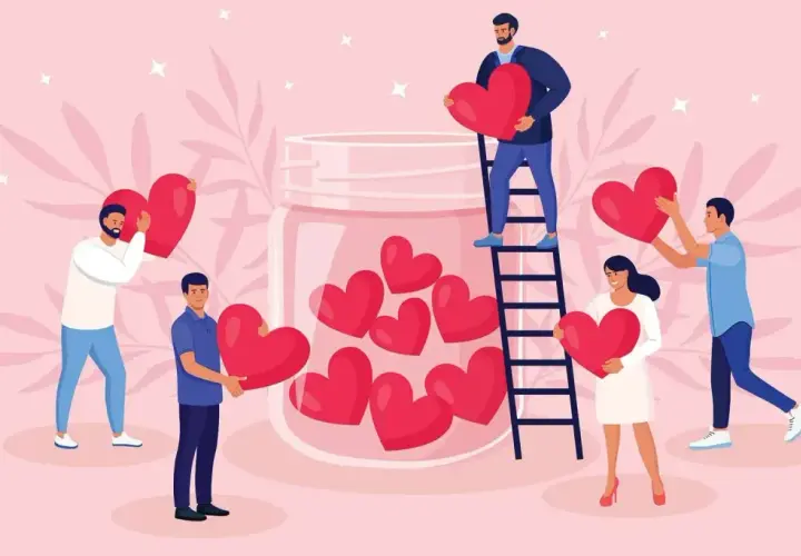 Personas recolectan corazones rojos para llenar un frasco, mostrando que es el amor.