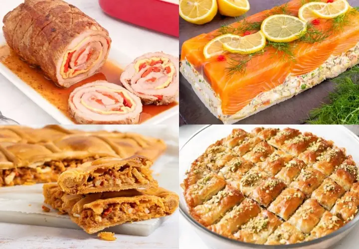 Variedad de comida para 20 personas en casa: rollo de carne, pastel de salmón, empanada y baklava.