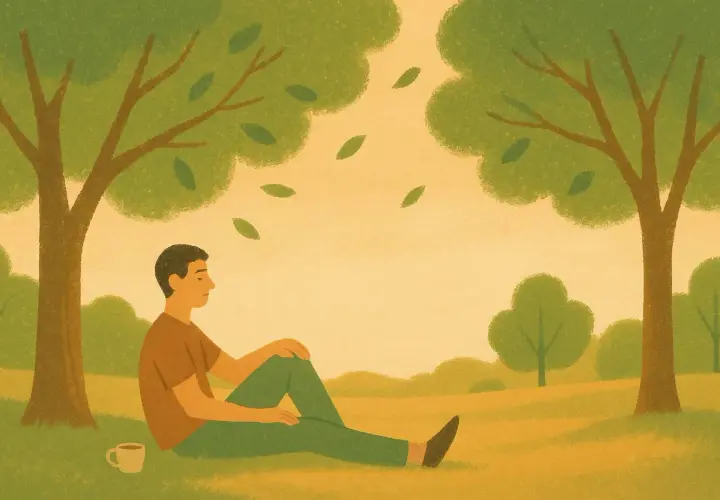 Hombre sentado bajo un árbol, taza de café al lado. El paisaje otoñal inspira reflexión y crecimiento personal.