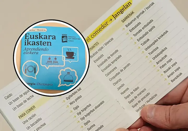 Un libro con frases en euskera y un menú de restaurante con platos en euskera y español.