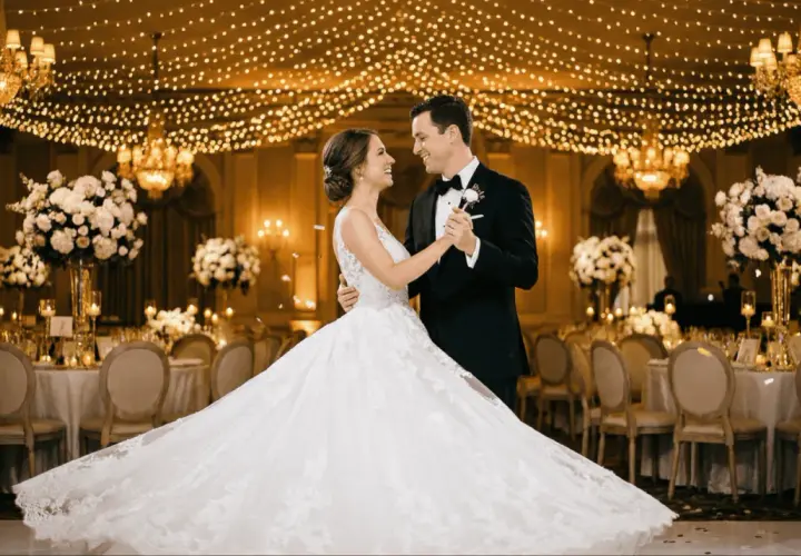 Novios bailando su vals boda bajo luces doradas. El salón está decorado con candelabros y arreglos florales.