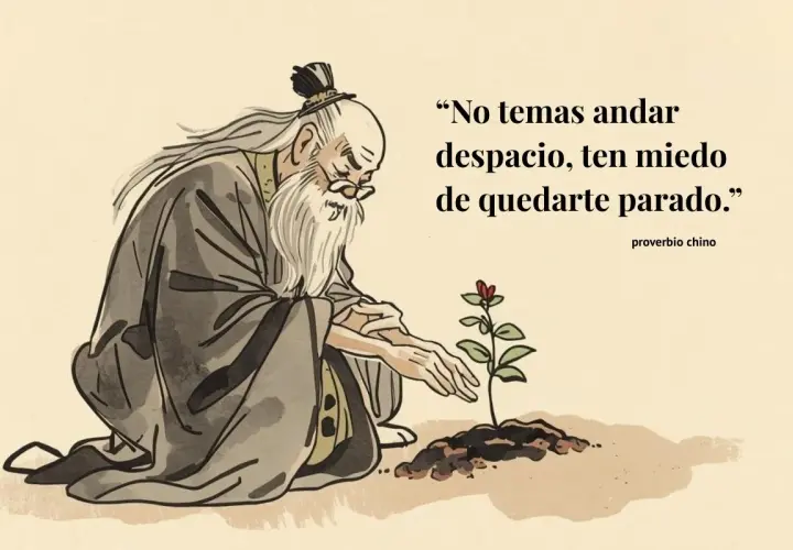 Anciano cuidando una planta, con el proverbio chino: "No temas andar despacio, ten miedo de quedarte parado.