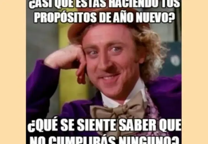 Willy Wonka con su sonrisa pícara, preguntando si ya estás haciendo tus propósitos de Año Nuevo. ¡Unas frases originales para felicitar el año con humor!