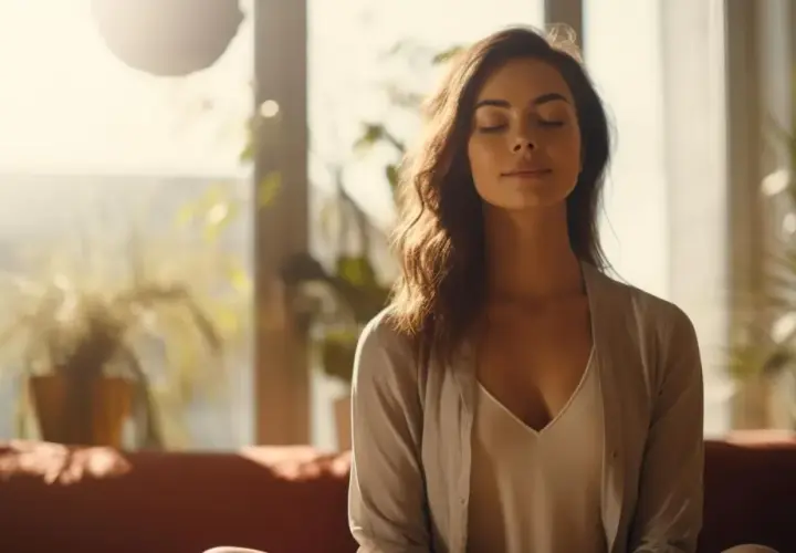 Mujer meditando en un retiro de silencio, con los ojos cerrados y rodeada de plantas.