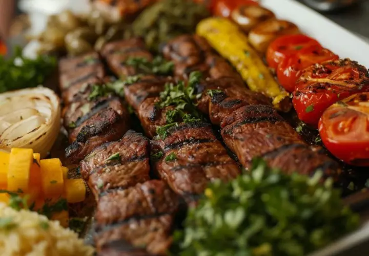 Sabrosa parrillada de carne, verduras y arroz. Un delicioso menú halal para disfrutar.
