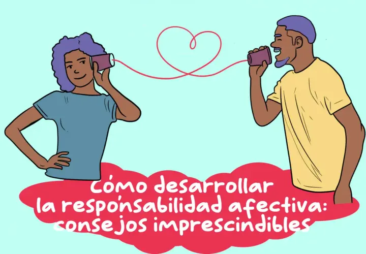 Dos personas se comunican con latas y un hilo, simbolizando la responsabilidad emocional.