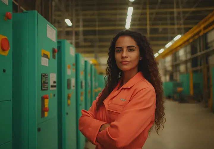 Mujer con traje naranja en fábrica, brazos cruzados, con confianza. Un ejemplo de cómo mejorar la autoestima en entornos laborales.