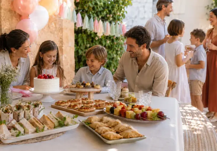 Familia celebrando con un delicioso menú para fiestas: pastel, mini pizzas, sándwiches, bocadillos y frutas.