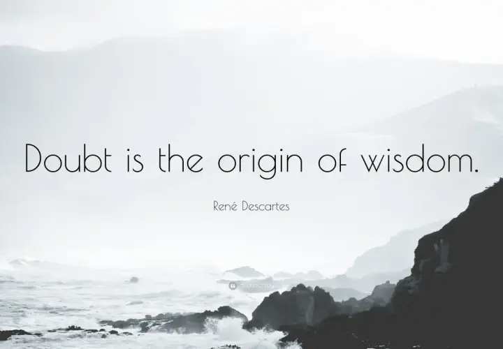 Paisaje brumoso con la frase "La duda es el origen de la sabiduría" de Descartes.
