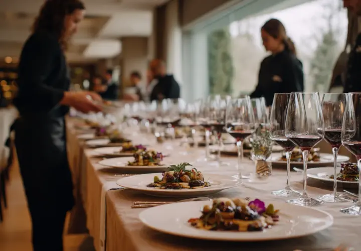Servicio de catering: camareros preparan mesa elegante con copas de vino y platos gourmet.