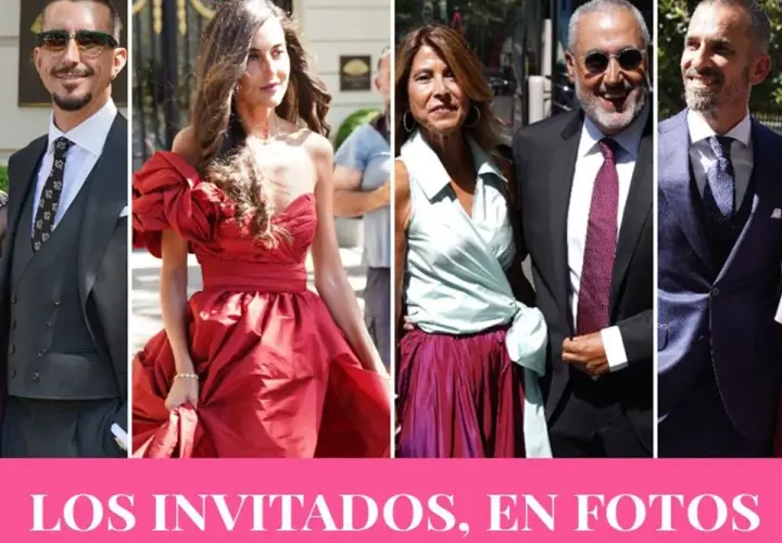 Varios invitados a la boda de Tamara Falcó, luciendo elegantes trajes y vestidos de fiesta.