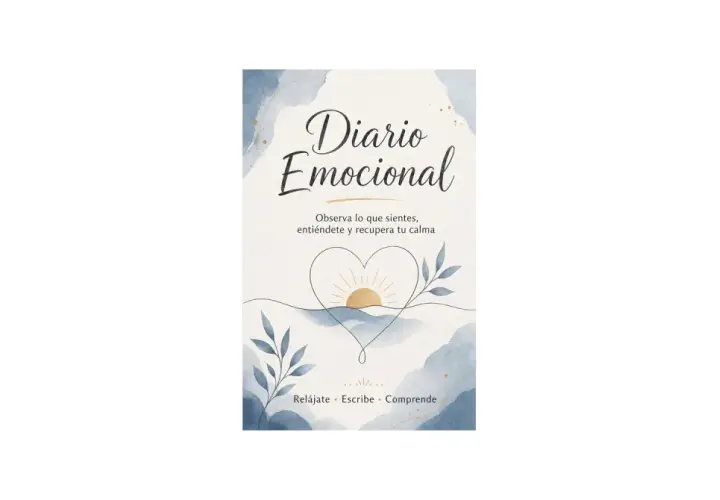 Portada de un "Diario Emocional" con un corazón, sol naciente y ramas. Invita a observar, entender y recuperar la calma.