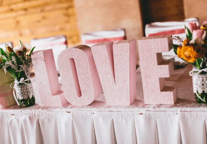 Letras gigantes "LOVE" en rosa brillante, un detalle perfecto para una decoración boda civil sencilla y barata. Flores a los lados.