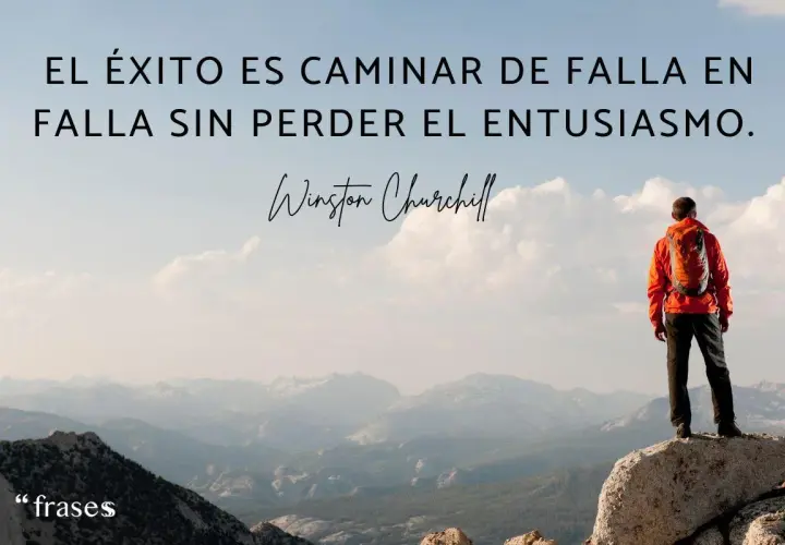Un excursionista en la cima de una montaña, contemplando un paisaje, con frases de logros y esfuerzos.