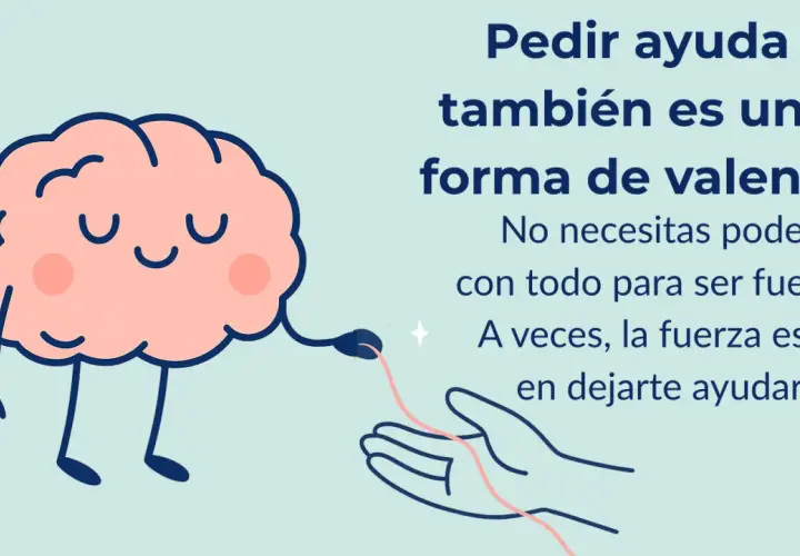 Un cerebro sonriente ofrece una mano amiga, recordándonos que pedir ayuda es una forma de valentía, una de las motivadoras frases para salir de la depresión.
